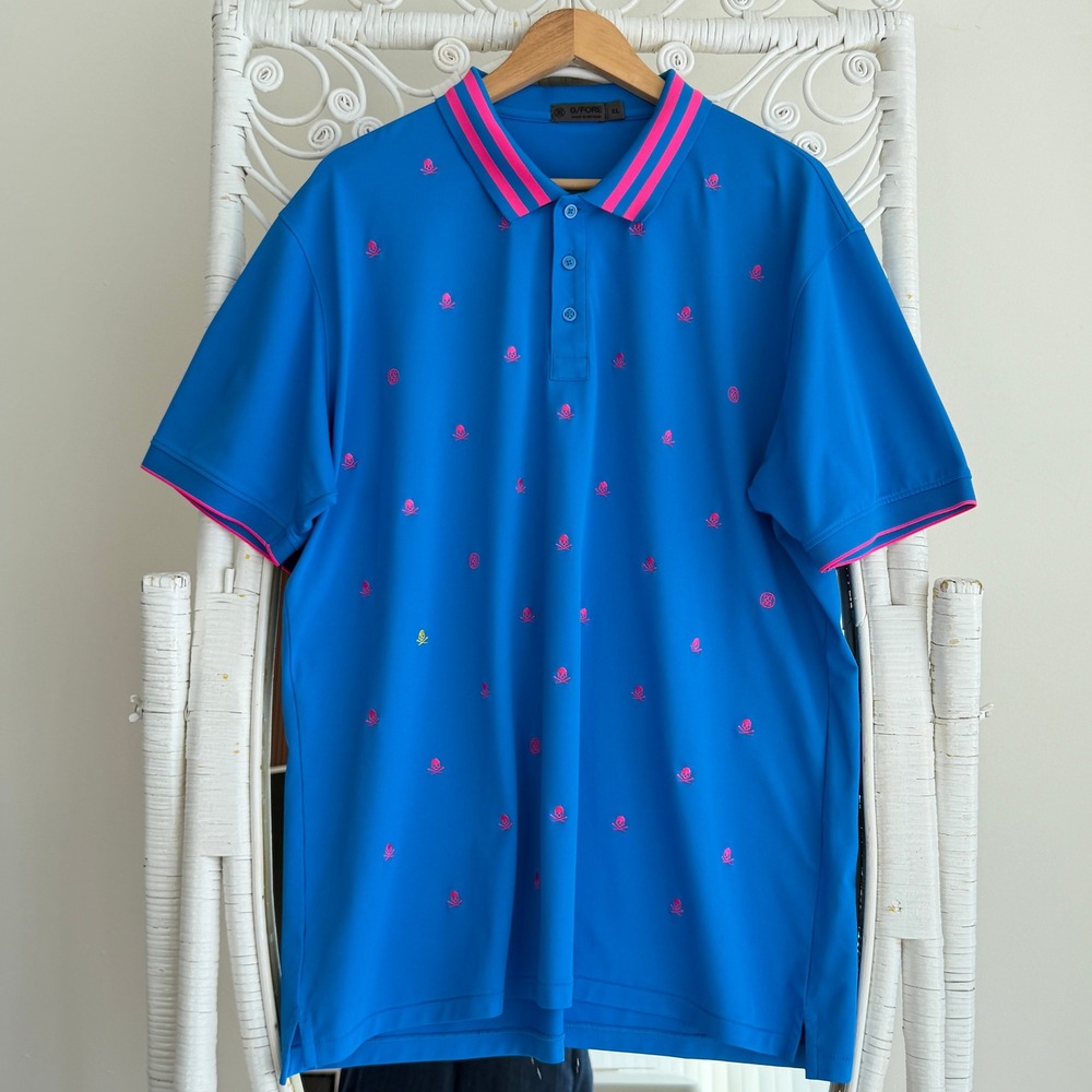 G Fore Polo Shirt Mens XL Blue Pink Skulls Embroidered Golf Performance Stretch